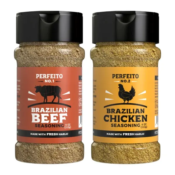 Brazilian Gourmet Seasoning Set for Meat & Poultry - 2 Units – Fresh Garlic, Gluten-Free Blend, Sugar Free, No Preservatives, Premium, Rich Flavor, PERFEITO NO.1 and NO.2 Spice Beef