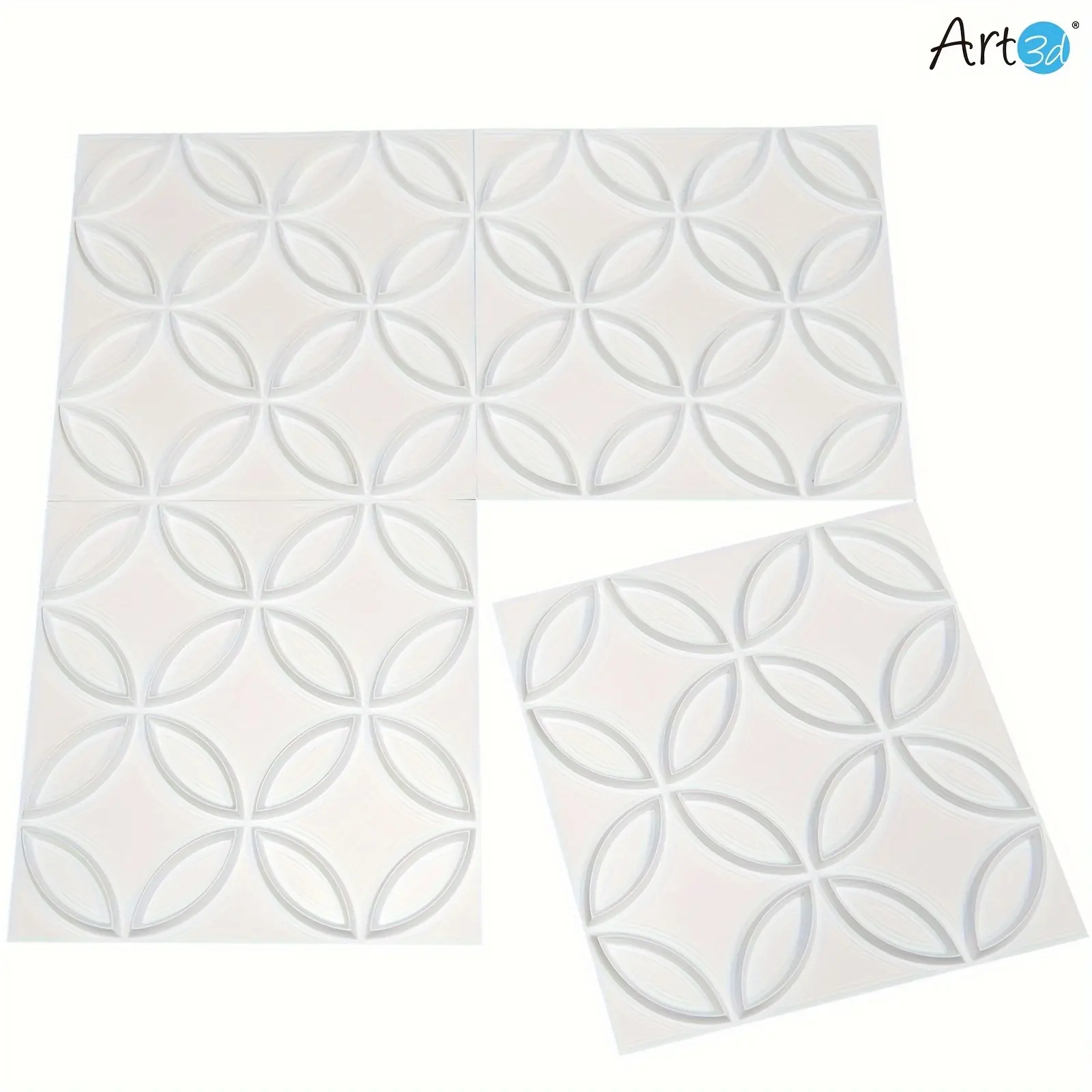 New 12-Tile, 32 Square Feet Large Interlocked Circles Design 3D Wall Panel - Durable Polyvinyl Chloride Material, Easy to Install, White Finish - Art3d Bran