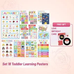 [Gift] Toddler Learning Posters Set of 18 | Waterproof Alphabet & Number Charts | Montessori Preschool Wall Decor for Homeschool & Classroom