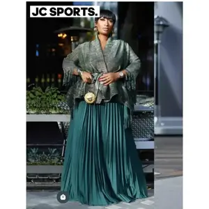 Women’s African-inspired gradient two-piece set for summer/spring: long-sleeve blouse with belt and tassels + pleated long skirt; street style outfit