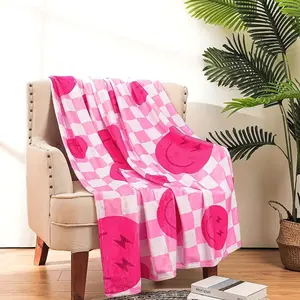 1pc Preppy Style Pink joyful Face Checkered Flannel Blanket - Soft Cozy All-Season Throw for Bed, Couch, Dorm & Travel, Machine Washable 7