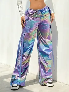 Women's Iridescent Drawstring Waist Flap Pocket Satin Detail Wide Leg Parachute Cargo Pants Casual Spring