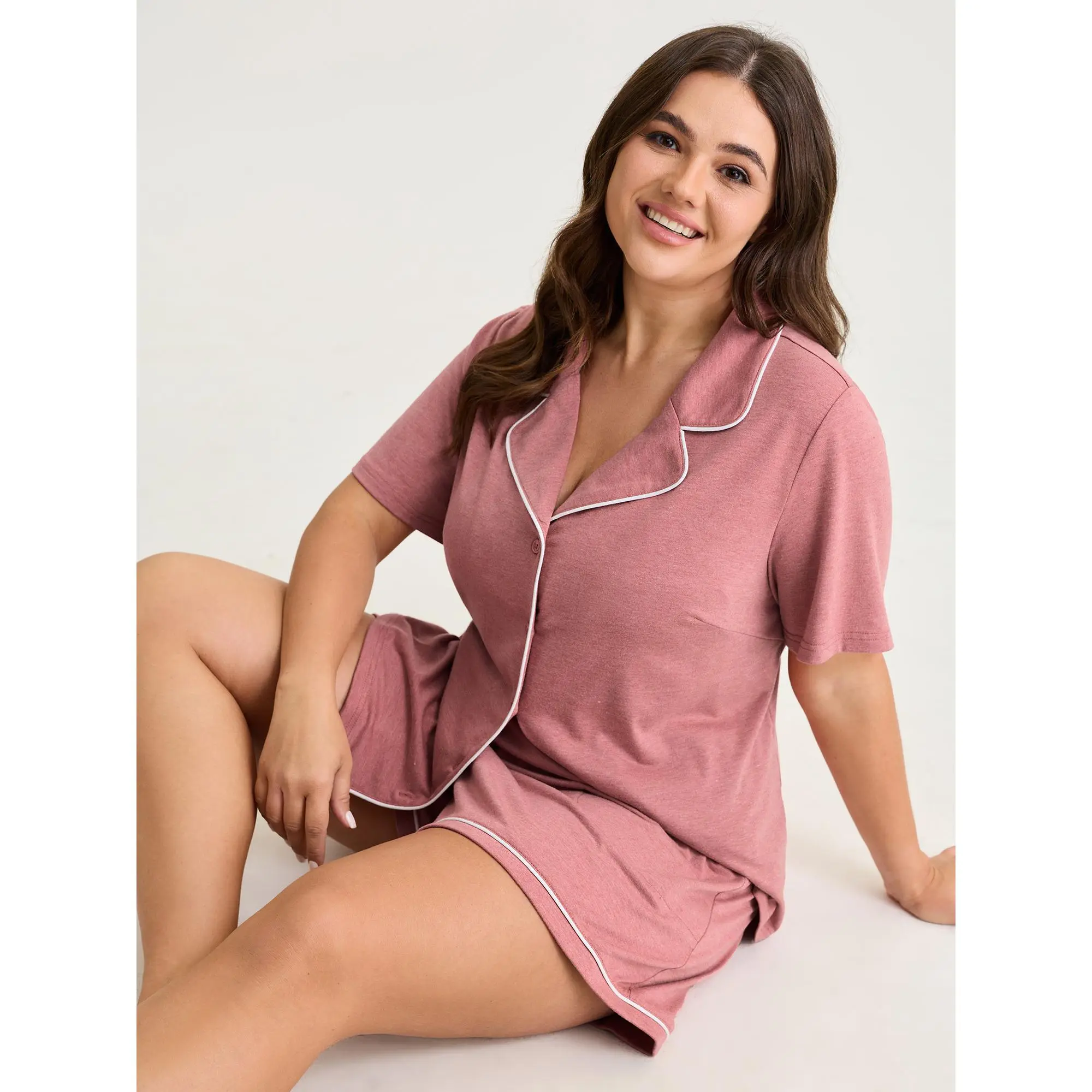 BloomChic Plus Size Solid Pajama Set, Supersoft Stretchy Rayon Spandex Fabric Co-ord with Button Down Top and Shorts Bottoms, Garment, Simple, Basic, Shortsleeve, Everyday, Breathable, Loungewear, Comfy, Minimalist, Fit