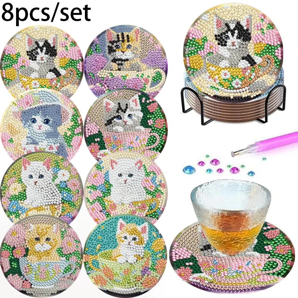 8-Piece 5D Diamond Painting Coaster Set with Cat Pattern and Stand, DIY Diamond Art, Non-Slip Heat-Resistant, Kitchen and Cat Lovers' Room