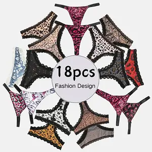 Pack of 18 Original Colors Wedding Season Gift Women’s Mid–Low Rise Thongs Ice Silk Breathable Seamless Panties Comfortable Cotton Gusset Leopard Print Lace Panels Various Graffiti Prints Everyday Outing Festival Party Gift