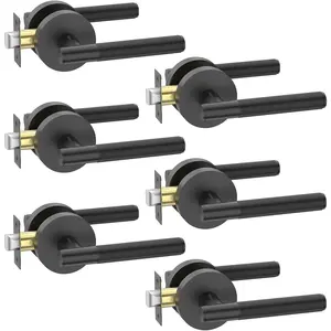 6 Pack Black Door Handles Interior Passage Round Door Handle Knobs Knurled Heavy Duty Keyless Door Lever Lock for Bedroom and Bathroom