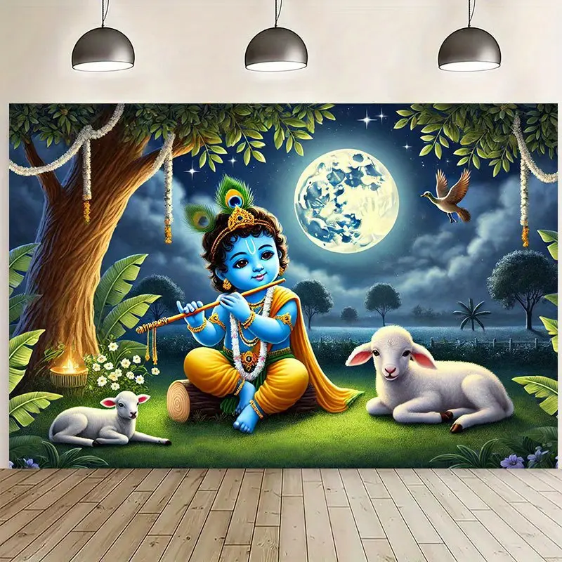 Vibrant Blue Krishna Flute-Playing Polyester Backdrop (96x72in/243.84x182.88cm) with Moon, Stars, Animals, Flower Ornaments - Hindu Deity Textile Wall Decor for Photography, Parties
