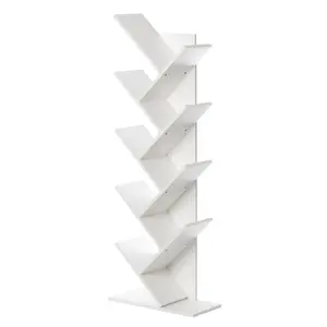 360 Stand Wooden MDF Tree Shape 9-Shelf Bookcase - 55.5x19.75x9.25 in, Magazine/CD Storage, Easy Setup, Stackable Shelves