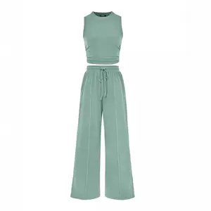 Women's Summer 2-Piece Outfits - Ribbed Knit Crew Neck Sleeveless Cropped Top & Wide Leg Pants Lounge Set