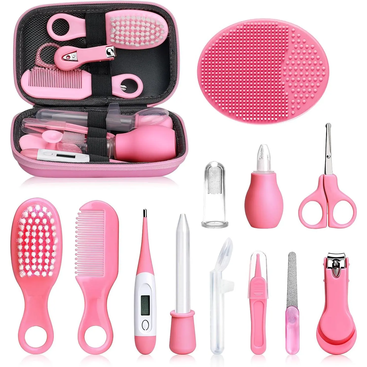 Baby Grooming and Healthcare Kit, Infant Safety Care Set with Hair Brush Comb Nail Clipper Nasal Aspirator,Baby Essentials Kit for Newborn Girls Boys (13 in 1, Pink)