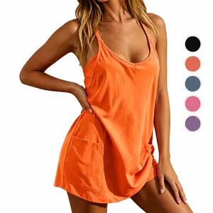 Women's Summer Sleeveless Mini Dress with Shorts V Neck Spaghetti Straps Athletic Shorts Tennis Dress with Pockets