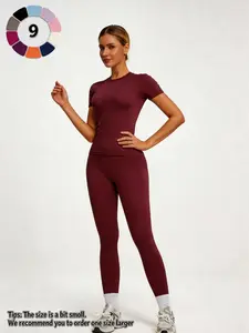 Youth Campus Fitness Solid Color Top, Elastic Round Neck Casual Wear, Elegant High Waist Pants, Suitable for Daily Dance & Yoga