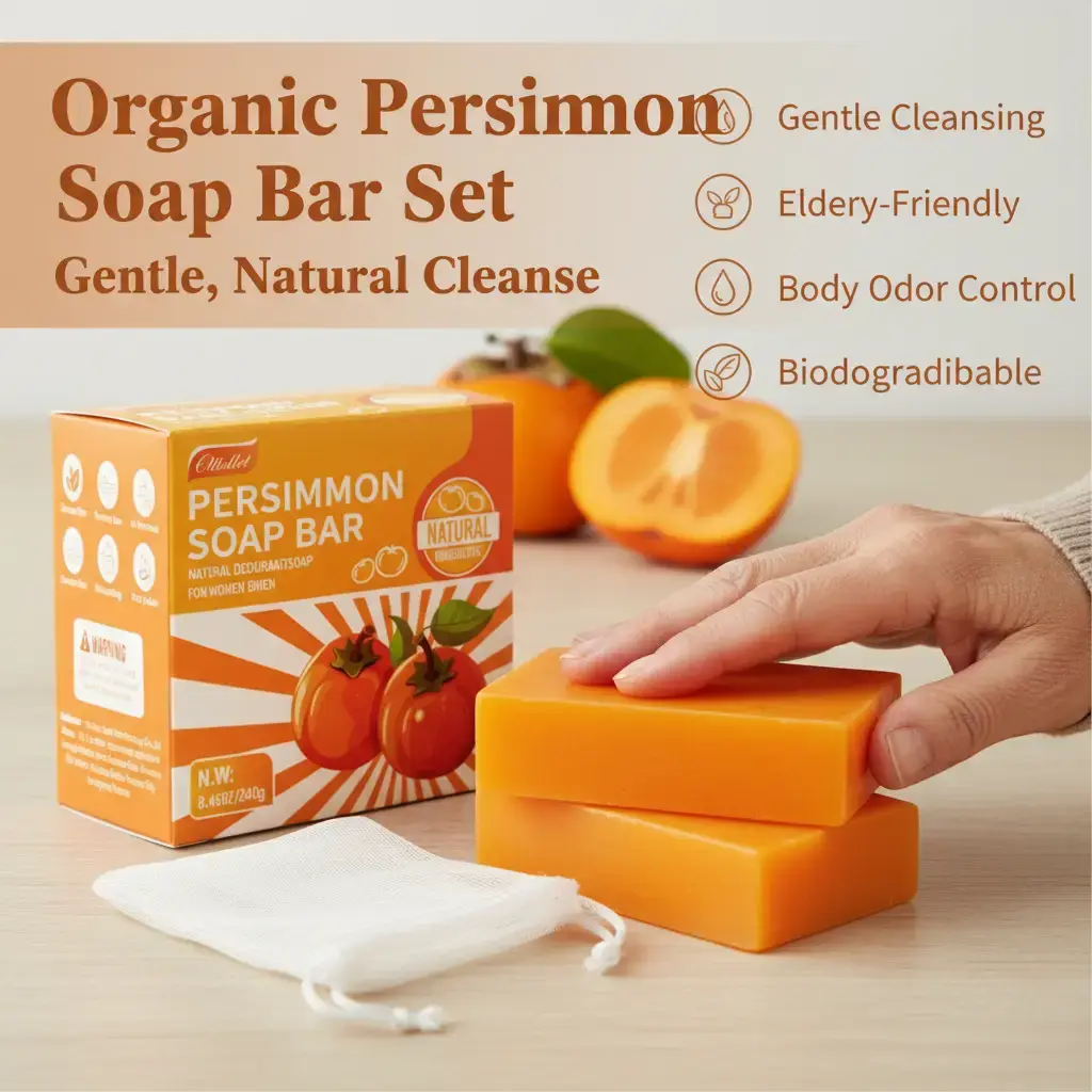 CLTTCLLCT 2-Pack Persimmon Soap Bar Cleanser, Gentle Unisex Elderly-Friendly Body Care Solid Bars, Organic Blend Fresh Bath Soap for Body Odor Control, Biodegradable Natural Deodorant