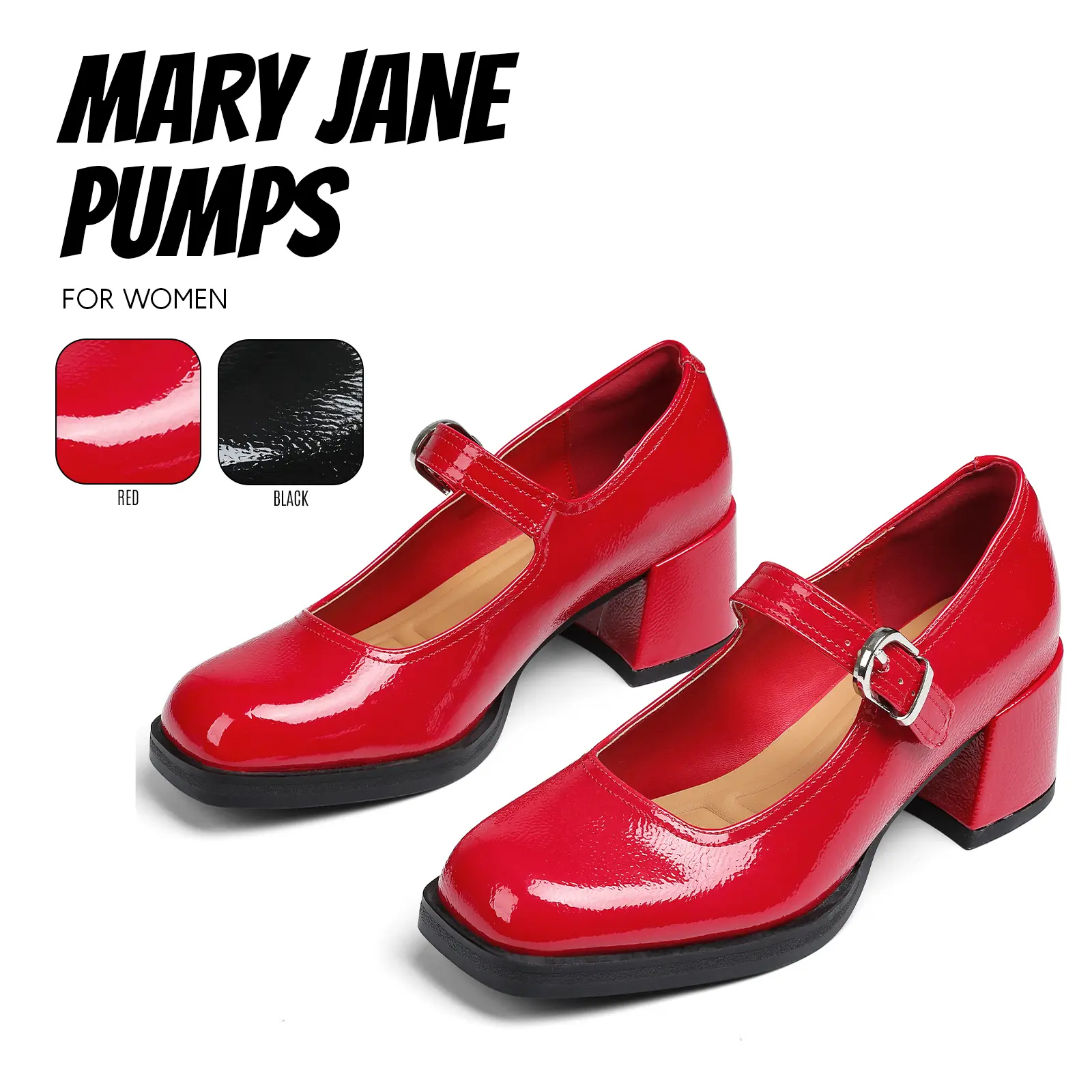 Mary Janes Pumps For Women Square Toe Chunky Block Heel Adjustable Buckle Strap Comfy Slip On  Red Pumps Heels Work Casual Party Outing Dressy Cute Balerina Pump Shoes