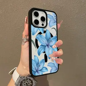 Magnetic Phone Case for iPhone 11-16 Pro Max Blue Lily Pattern Ultra Slim Shockproof Lovely Cover High Quality Material Durable for Young Adults Tech Lovers