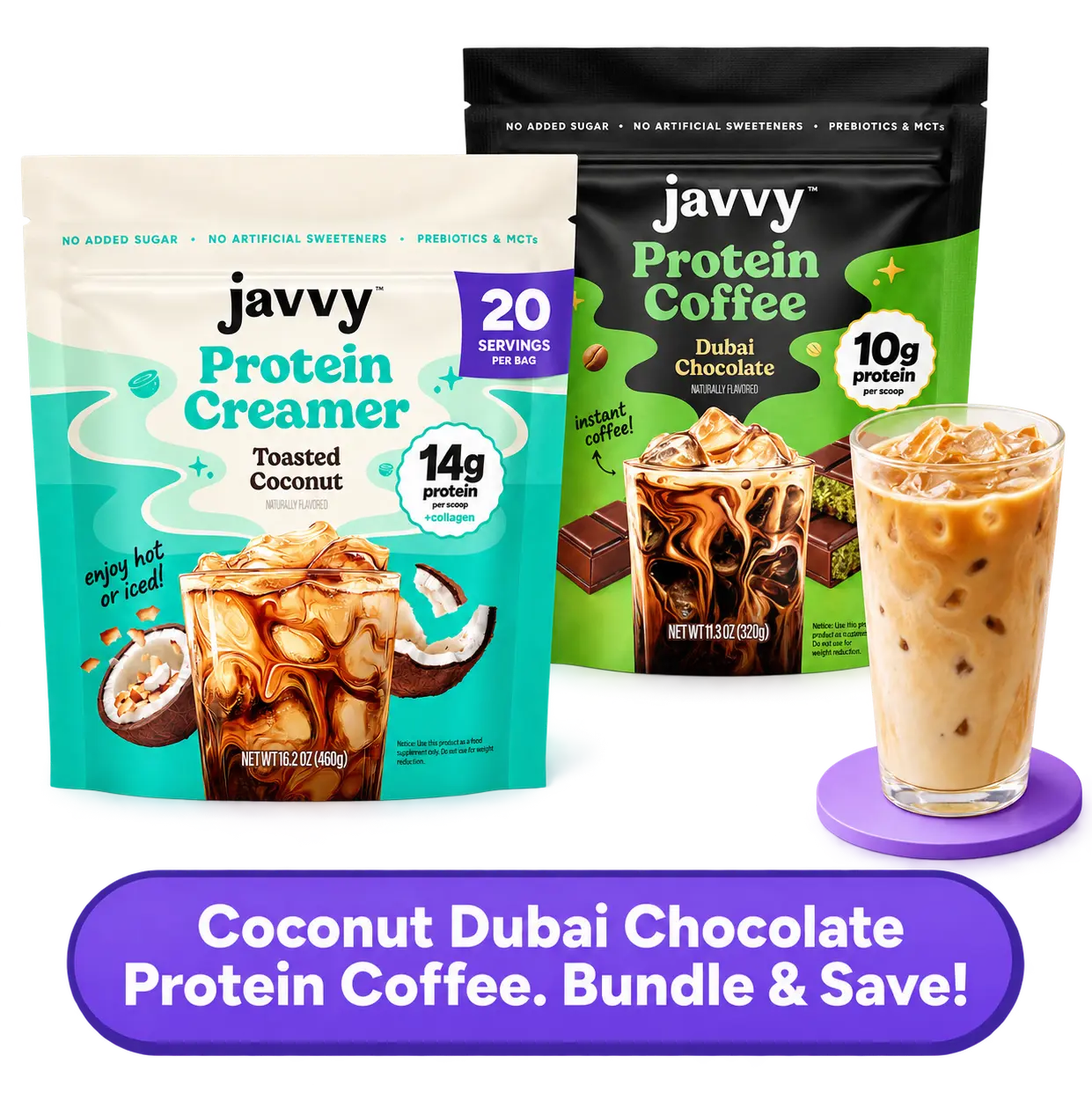 Javvy Coconut Dubai Chocolate Latte TikTok Exclusive Bundle Dubai Chocolate Protein Coffee and Toasted Coconut Collagen Protein Creamer Premium Whey Protein Instant Mix, 100% Natural, No Artificial Flavors & Sweeteners, No Added Sugar, 80 mg Caffeine