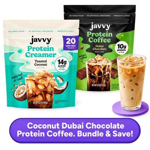 Javvy Coconut Dubai Chocolate Latte TikTok Exclusive Bundle Dubai Chocolate Protein Coffee and Toasted Coconut Collagen Protein Creamer Premium Whey Protein Instant Mix, 100% Natural, No Artificial Flavors & Sweeteners, No Added Sugar, 80 mg Caffeine