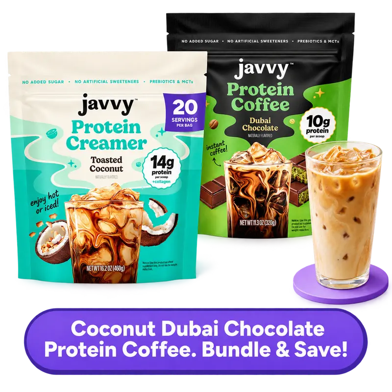 Javvy Coconut Dubai Chocolate Latte TikTok Exclusive Bundle Dubai Chocolate Protein Coffee and Toasted Coconut Collagen Protein Creamer Premium Whey Protein Instant Mix, 100% Natural, No Artificial Flavors & Sweeteners, No Added Sugar, 80 mg Caffeine