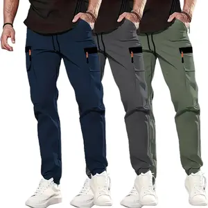 Men's 3-Pack Casual Cargo Pants - Multi-Pocket Functional Design, Drawstring Waistband, Trendy Versatile, Great for Everyday Activities & Outdoor Sports