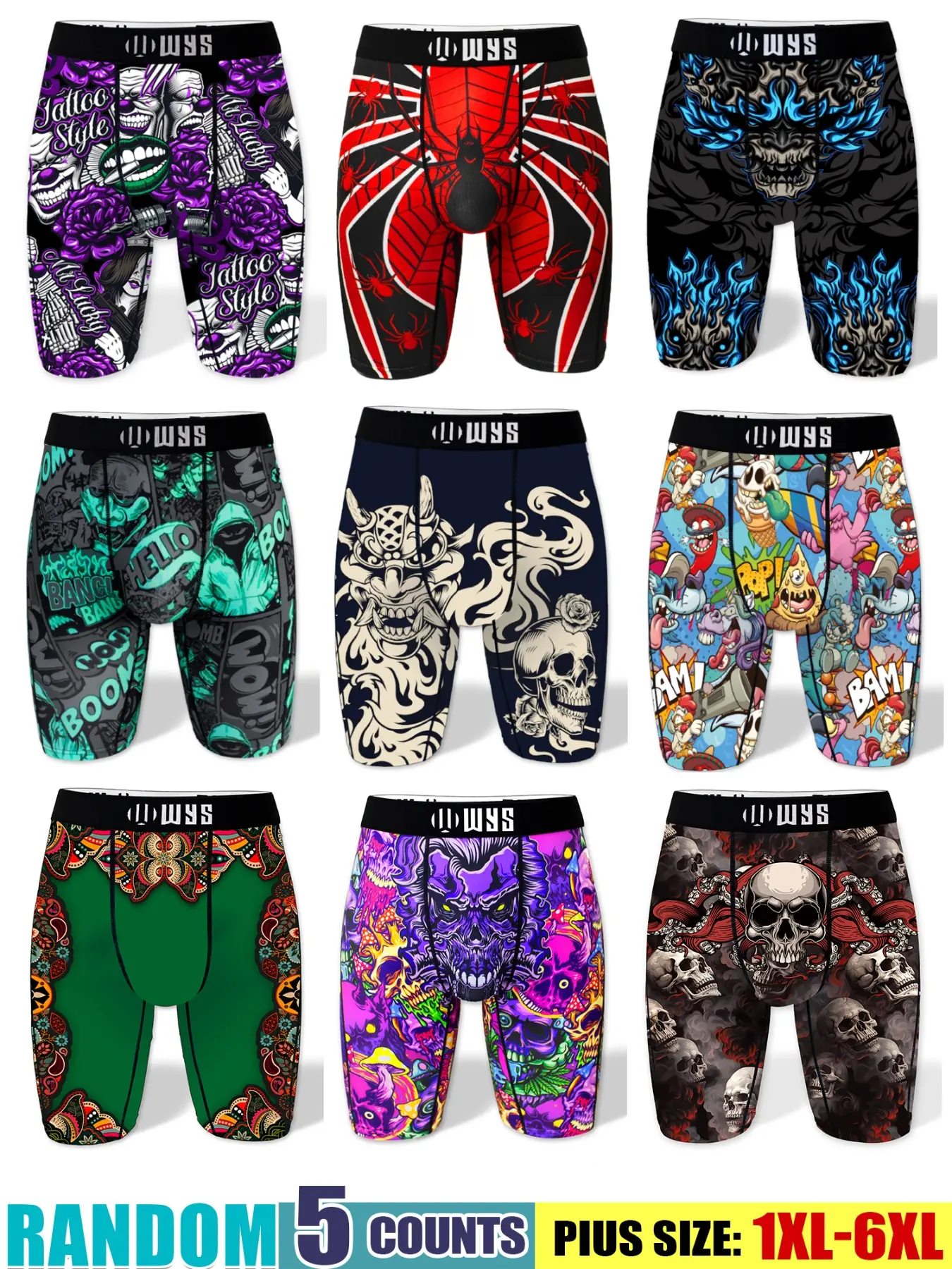 Random Pack of 3/5/7/10 Men's Long Briefs, Sizes 1xl-6xl, Breathable Sport Underwear, Moisture-Wicking, Halloween Print, Quick-Dry
