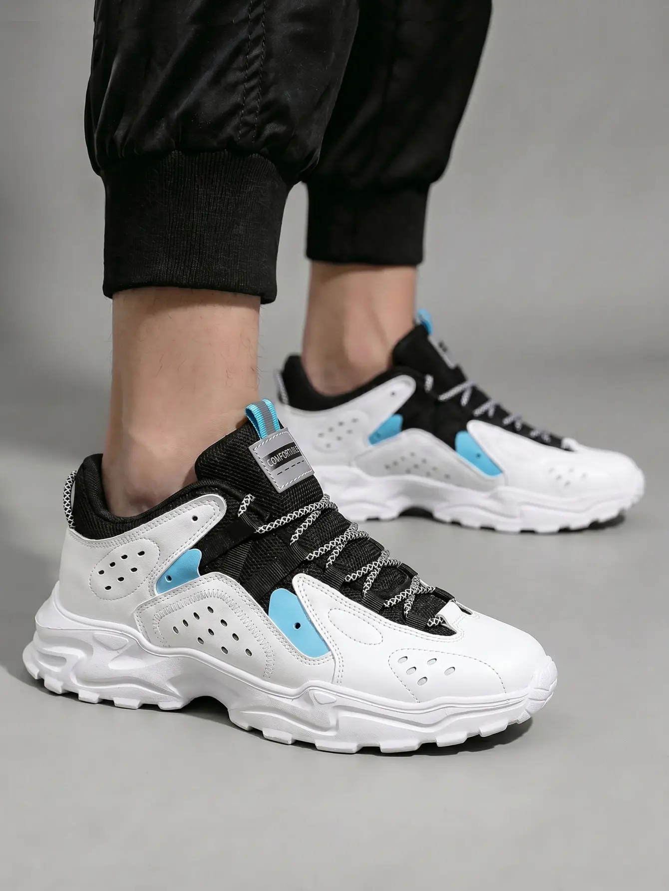 Men's Chunky Sneakers, Color Block Street Athleisure Shoes in Faux Leather with Height Boost Foam Platform Sole, Rounded Toe Box, Breathable Casual Trainers, Chunky Lace-Up Casual Trainers, Eva Foam, Anti-Slip