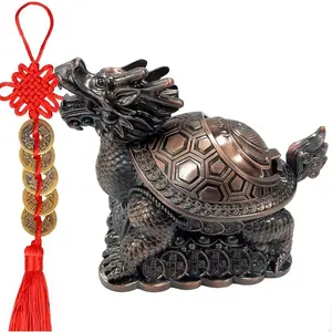 Feng Shui Dragon Turtle Multi Functional Statue Prosperity Sculpture with Set of 5 Lucky Ancient Coins on Red String Best Housewarming Congratulatory Gift Home (D1 Bronze)