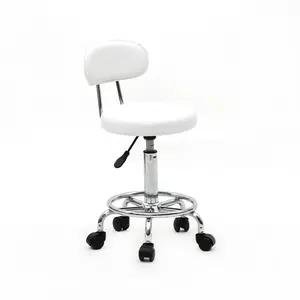 White Round Adjustable Salon Stool with Backrest, Comfortable Seating with Classic Line Design, Height Adjustable Stool for Beauty Room, Studio and Workspace