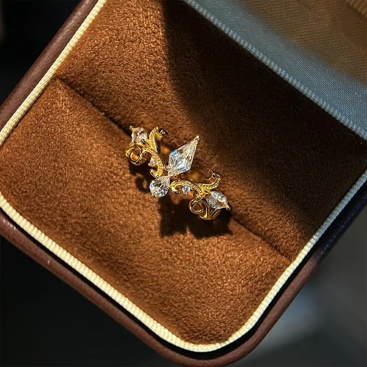 24K Gold-Plated Cinderella White Tear Adjustable Ring, Open Design