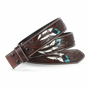 Western Feather Print Leather Belt Garment Decoration Cow Hide Soft Sturdy with Hole Punch Ideal Gift for Bold Fashion Statements