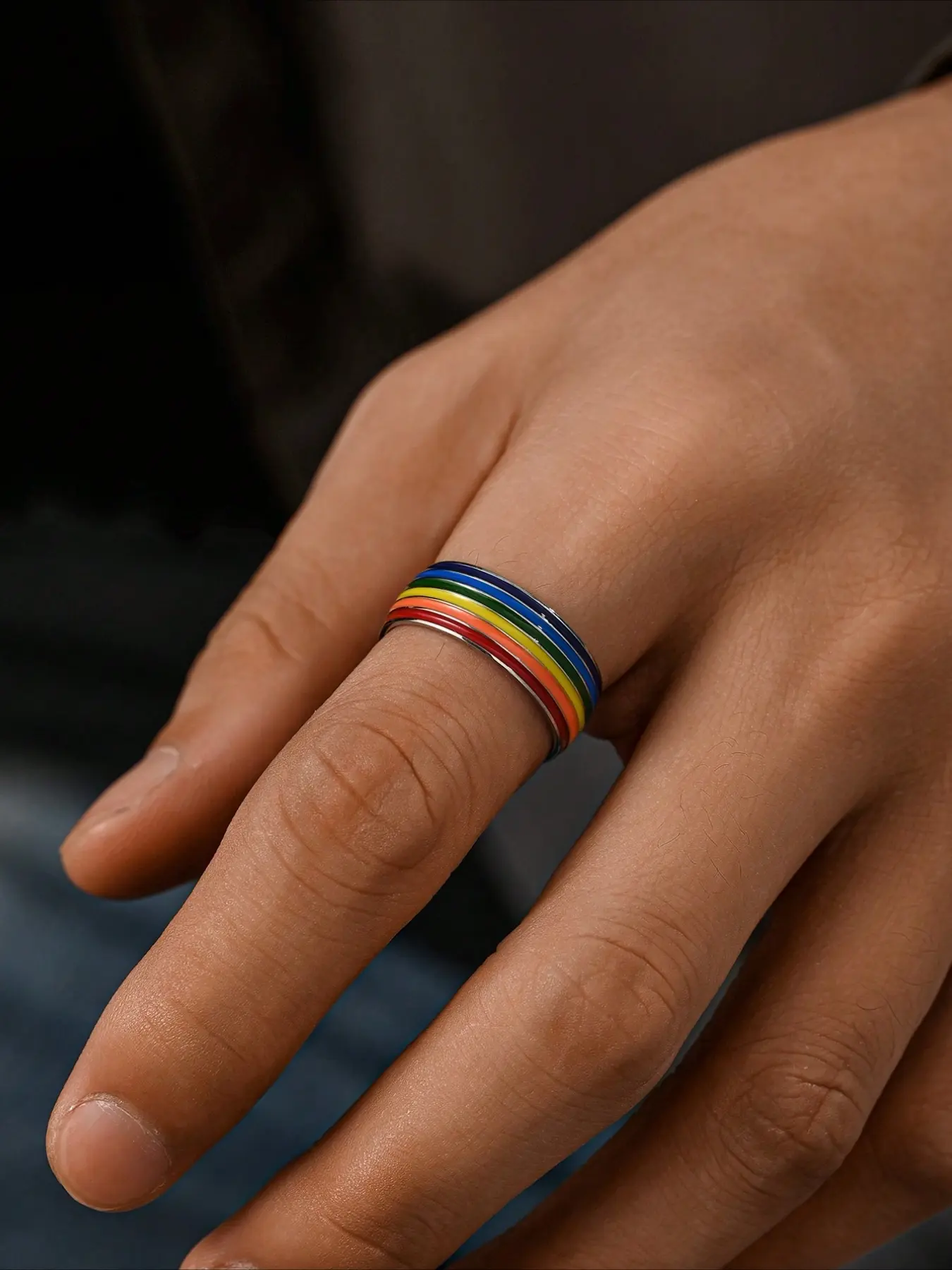 1pc Stainless Steel Fashion Rainbow Stripe Men's Ring Summer Accessories