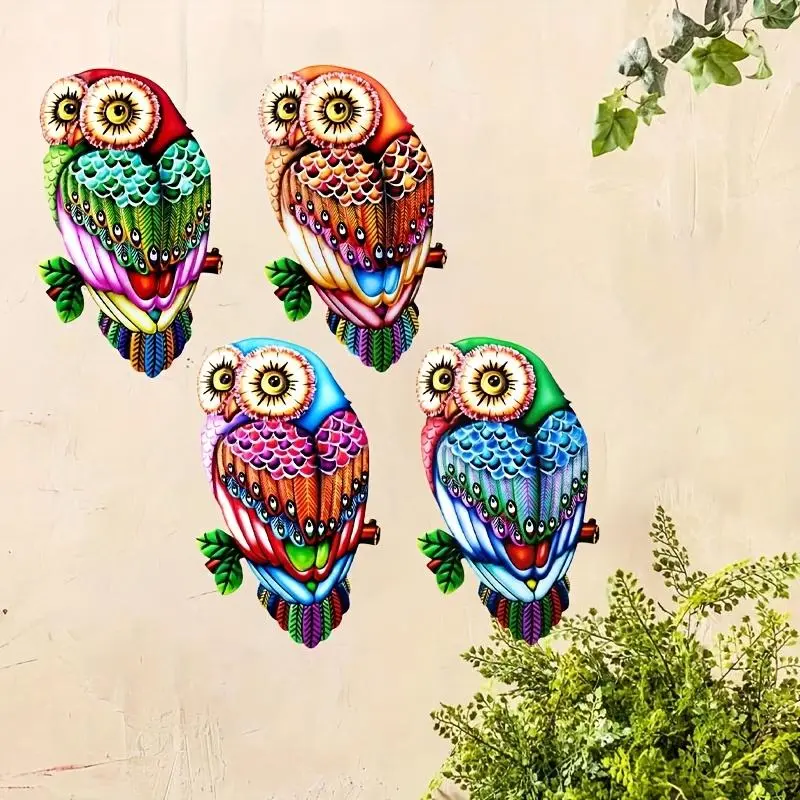 Colorful Animal Design Owl Design Wall Art, 4 Counts/set Iron Pendulum Decor, Outdoor Fence Art Decoration, Home Decor Accessory, Ideal Gift for Family, Home Decoration Items