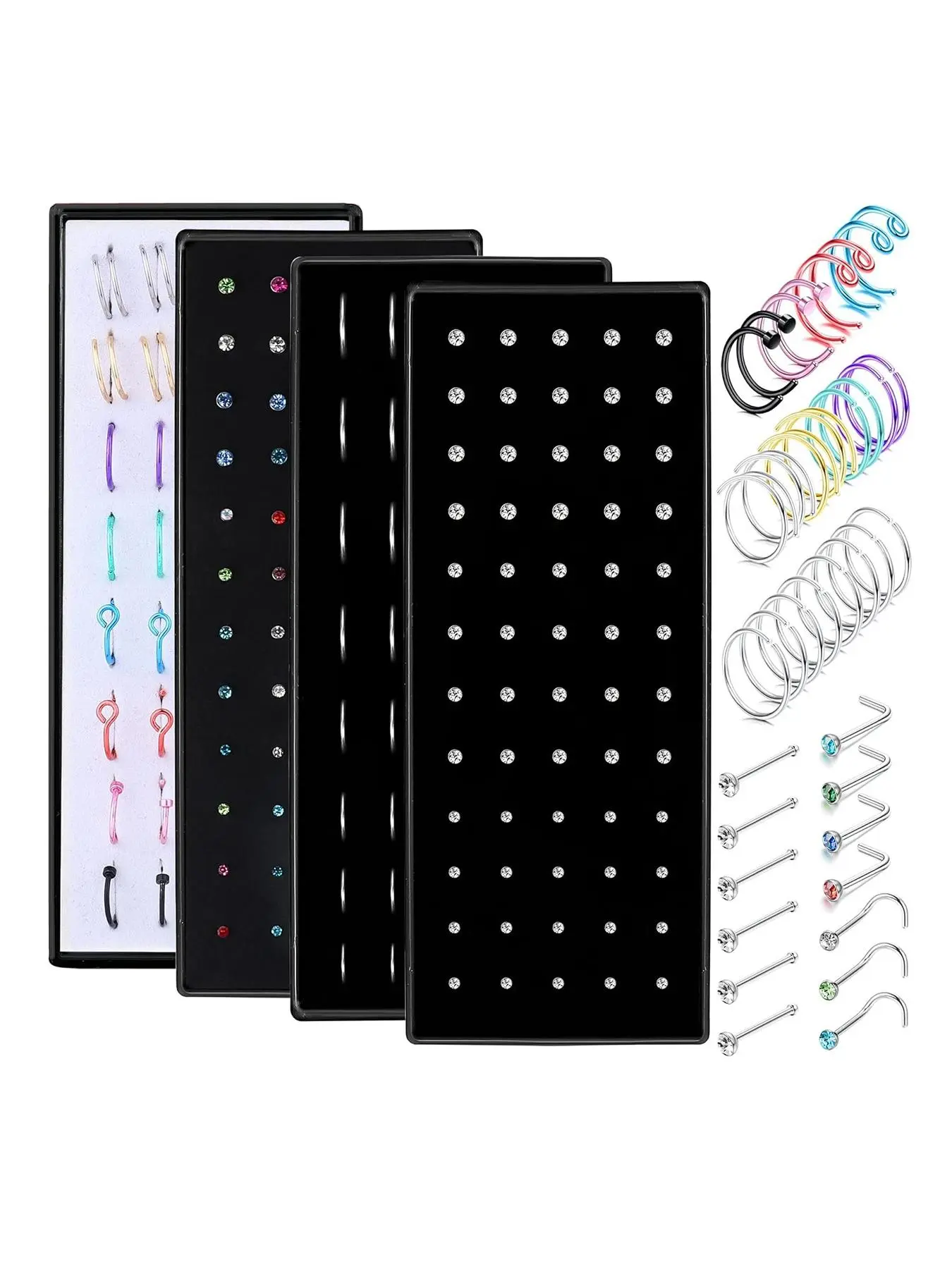 Nose Ring & Stud Set, Stainless Steel Material, Bone & Screw & L Shaped Nose Studs & Nose Rings Hoops, Rhinestone Embellishment, Nose Piercing Jewelry, Body Jewelry for Women & Men
