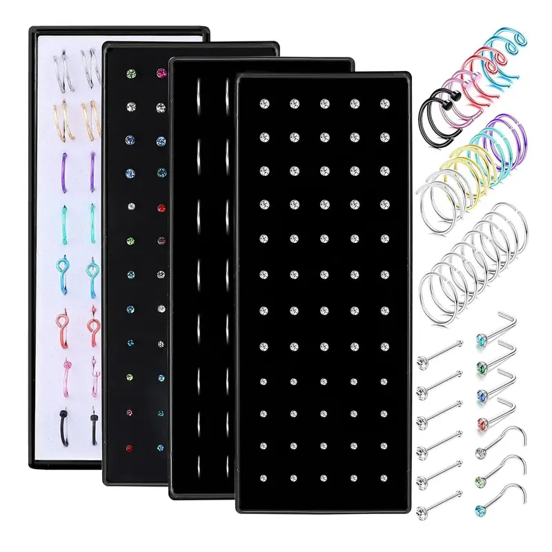【Black Friday】Nose Ring & Stud Set, Stainless Steel Material, Bone & Screw & L-Shaped Nose Studs & Nose Rings, Rhinestone Embellishment, Nose Piercing Jewelry, Fashion Body Jewelry for Women & Men