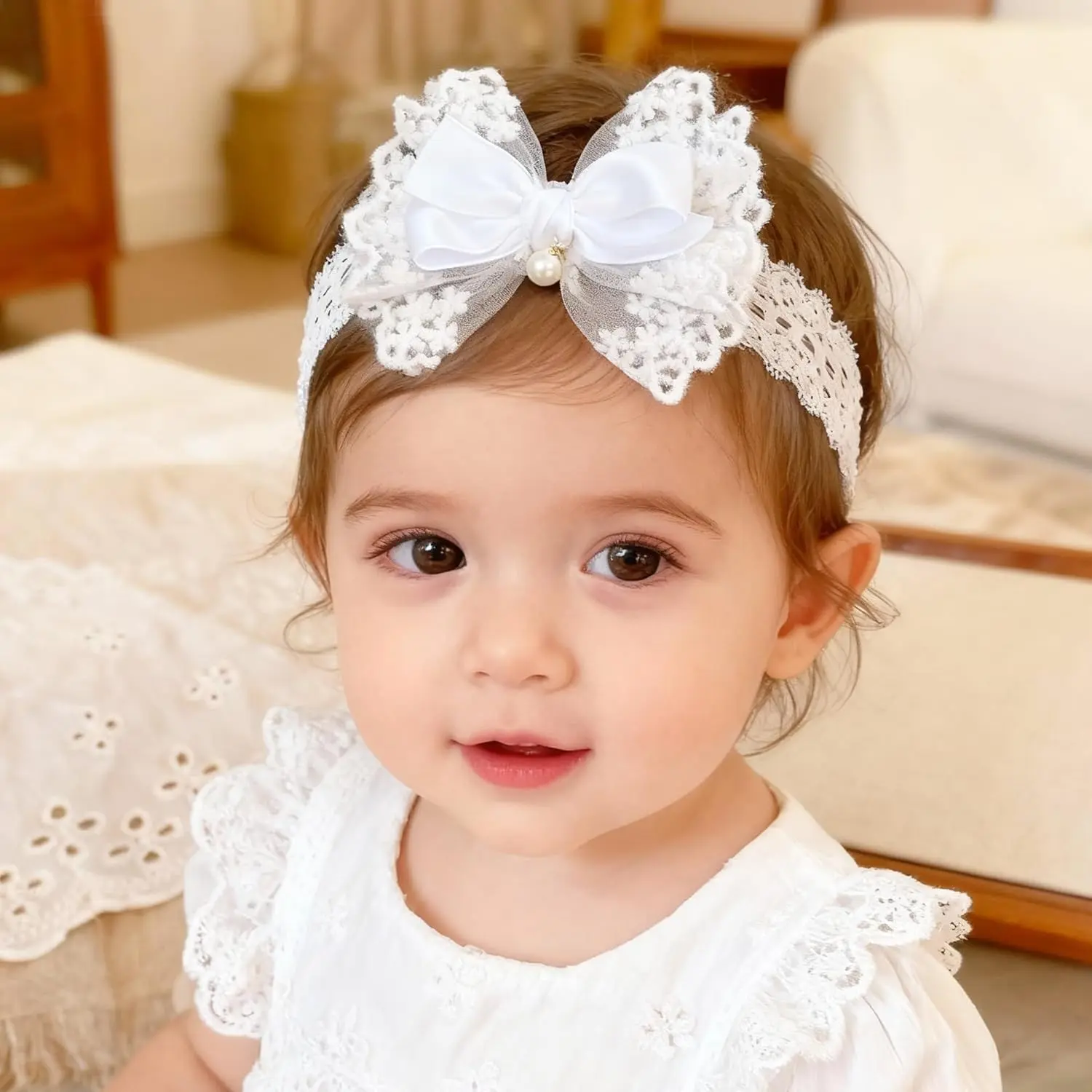 Baby Girls Headband White Bow Lace Headbands Soft Elastic Bowknot Hairbands Cute Hair Accessory for Newborn Kids Infant Toddler Baptism Birthday Party (Lace Pearl)