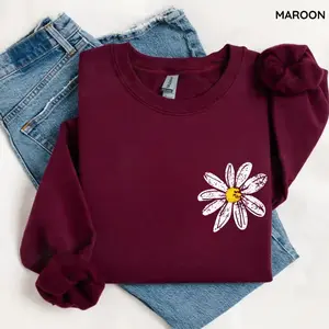 Daisy Sweatshirt & Tshirt, Retro Floral Shirt, Women's Casual Long Sleeve Shirt, Cotton Fabric Tops