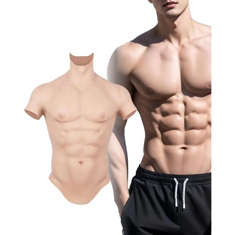 4th Upgraded Realistic Silicone Muscle Suit - High Collar with Fake Abs Chest Plate, Bodybuilding Style for Cosplay & Halloween, Soft Skin-Like Texture & Comfortable Fit costumes Elastic Cloth