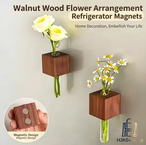2PCS Magnetic Wood Flower Vase Fridge Magnets, Mini Test Tube Planter for Refrigerator, Wall, Home Office Decor, Cute Floral Arrangement, Aesthetic Kitchen Decoration