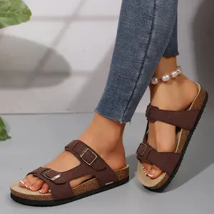 Womens Slides with Cork Footbed Open Toe Adjustable Webbing Flat Sandals for Walking Beach Indoor Girl Brown Summer platform sandals