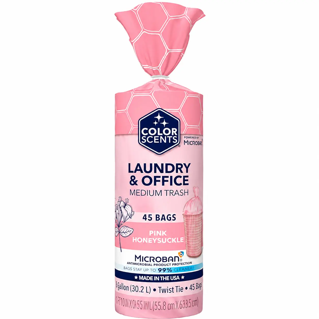 Color Scents Medium Normal Eco-Friendly Plastic Household Trash Bags - 8 Gal, 45-Count (45 Bags, 1 Box), Twist Tie, Fresh Pink Honeysuckle Scent, Microban Protection, Lightweight