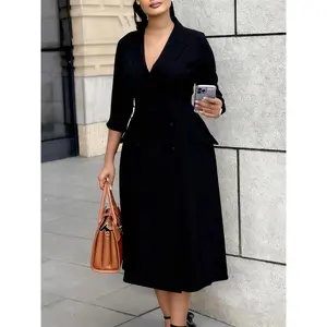 D605 Women's Fashion 2025 Autumn Winter A-line Style Long Sleeve Blazer Collar Double-Breasted Mid-Length Dress for Versatile Wear