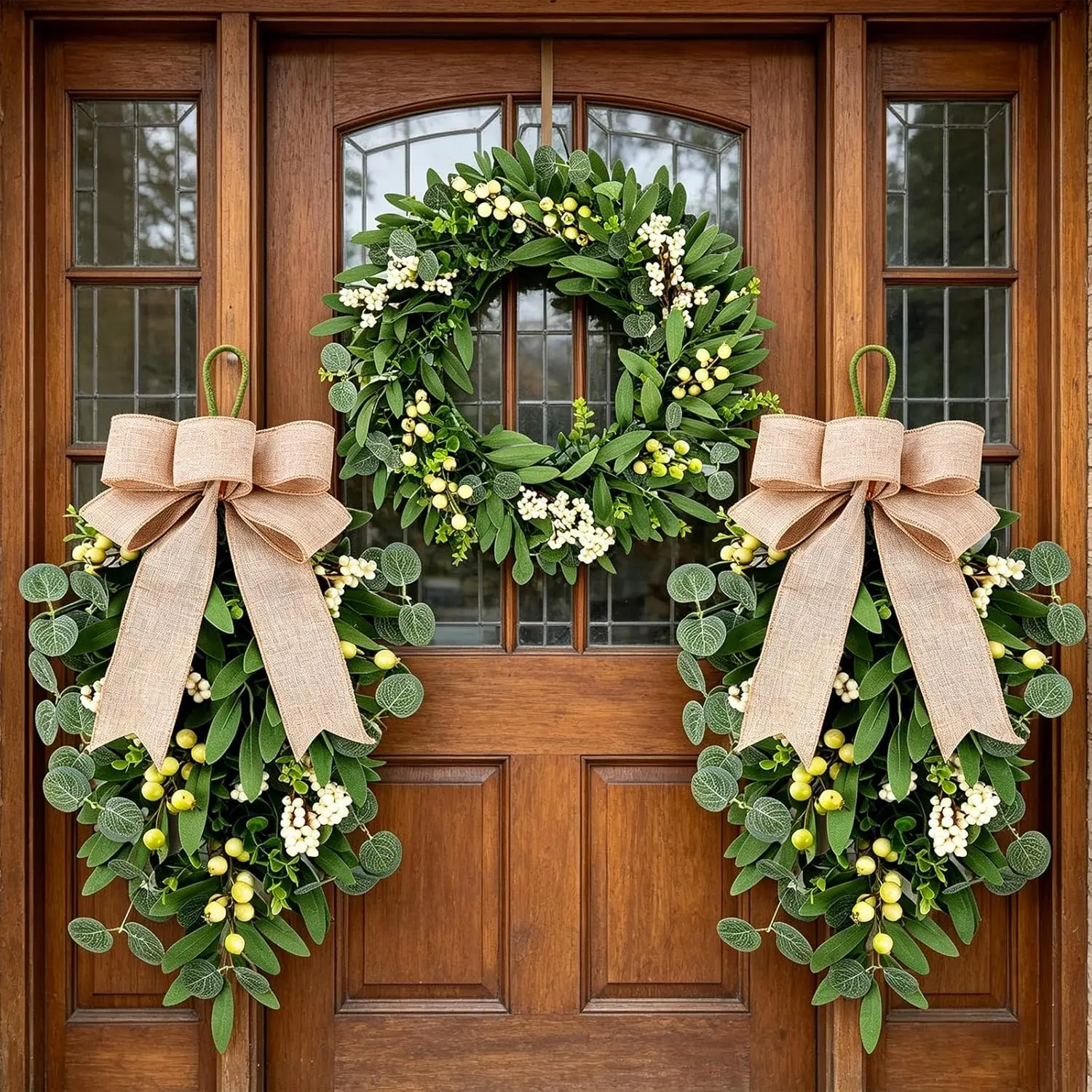 3 PCS Artificial Green Eucalyptus Wreaths for Front Door Spring Summer Greenery Teardrop Swag with Eucalyptus Leaves Olives Mixed Berry for Indoor Outdoor Farmhouse Home Wall Festival W