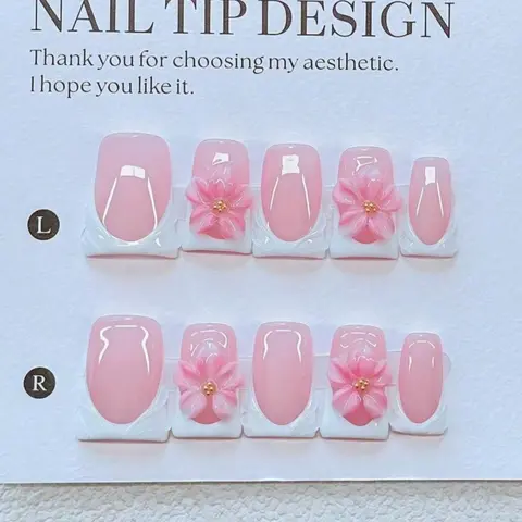 10-Piece Y2K Nail Set, Fashion Duckbill Shape Press On False Nails Kit, Decorative Nails, Nail Art Design, Handmade Style, 3D Flowers & Gold Beads, DIY Manicure Tools, Handmade Acrylic Nails, Acrylic Fake Nails