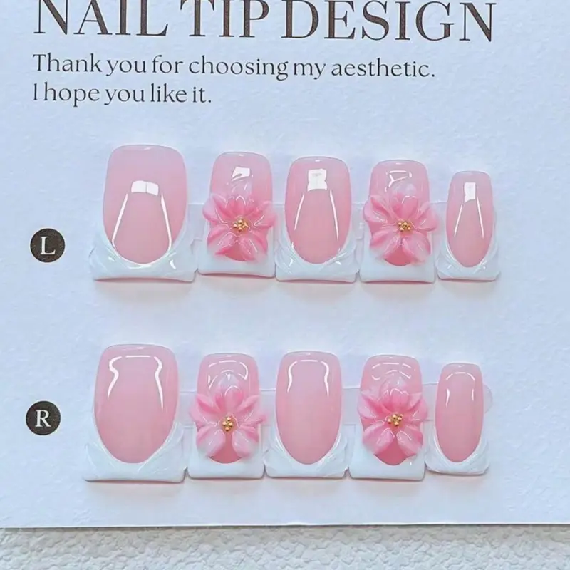 10-Piece Y2K Nail Set, Fashion Duckbill Shape Press On False Nails Kit, Decorative Nails, Nail Art Design, Handmade Style, 3D Flowers & Gold Beads, DIY Manicure Tools, Handmade Acrylic Nails, Acrylic Fake Nails