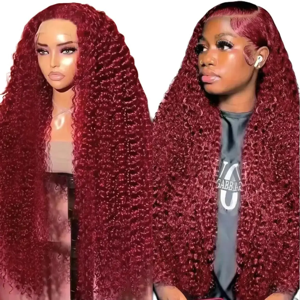 Women's 99J Burgundy 13x6 Deep Wave HD Lace Front Wig, Brazilian Virgin Human Hair, Pre-Plucked with Baby Hair, Curly Wigs, Deep Wave Wig