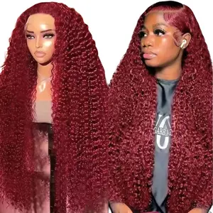 99J Burgundy 13x6 Deep Wave HD Lace Front Wig Brazilian Virgin Human Hair Pre Plucked with Baby Hair Curly Wig for Women valentines gifts for gf