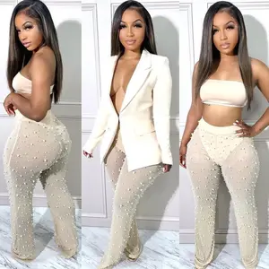 Casual Blazer Pearls Pant Sets Two Piece Set Women Solid Long Sleeve Single Button Jacket Top Mesh Trousers Outfit Party Suits
