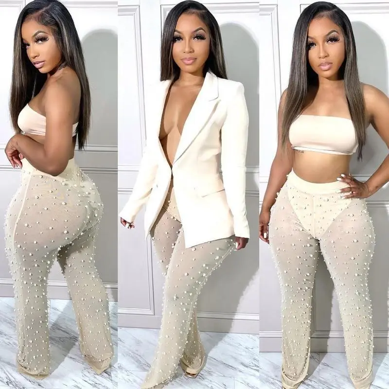Casual Blazer Pearl Pants Sets Two Piece Set Women Solid Long Sleeve Single Button Jacket Top and Mesh Trousers Outfit for Party Suits Wear, Night Out, Modern, Wedding Guest, Contemporary, Lightweight