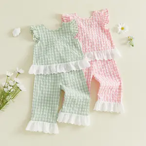 Afunbaby Toddler Baby Little Girls Summer Outfits Backless Bow Plaid Print Vest Tops and Elastic Waist Pants Set 0-3 Years