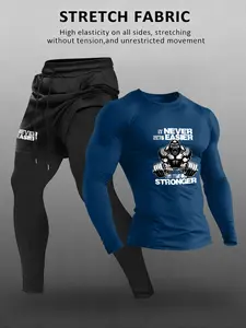 Men's Letter Design Gym Dumbbell Print Long Sleeve Top and Drawstring Waist Pants Set, Casual Breathable Sportswear for Spring & Fall