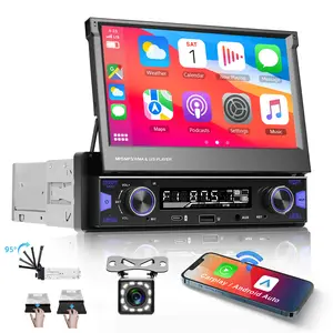 Single Din Flip Out Screen Car Stereo with Wireless Carplay Android Auto, 7 inch Touch Screen Radio Support Bluetooth/SWC/USB/FM Backup Camera Mic + Remote Control